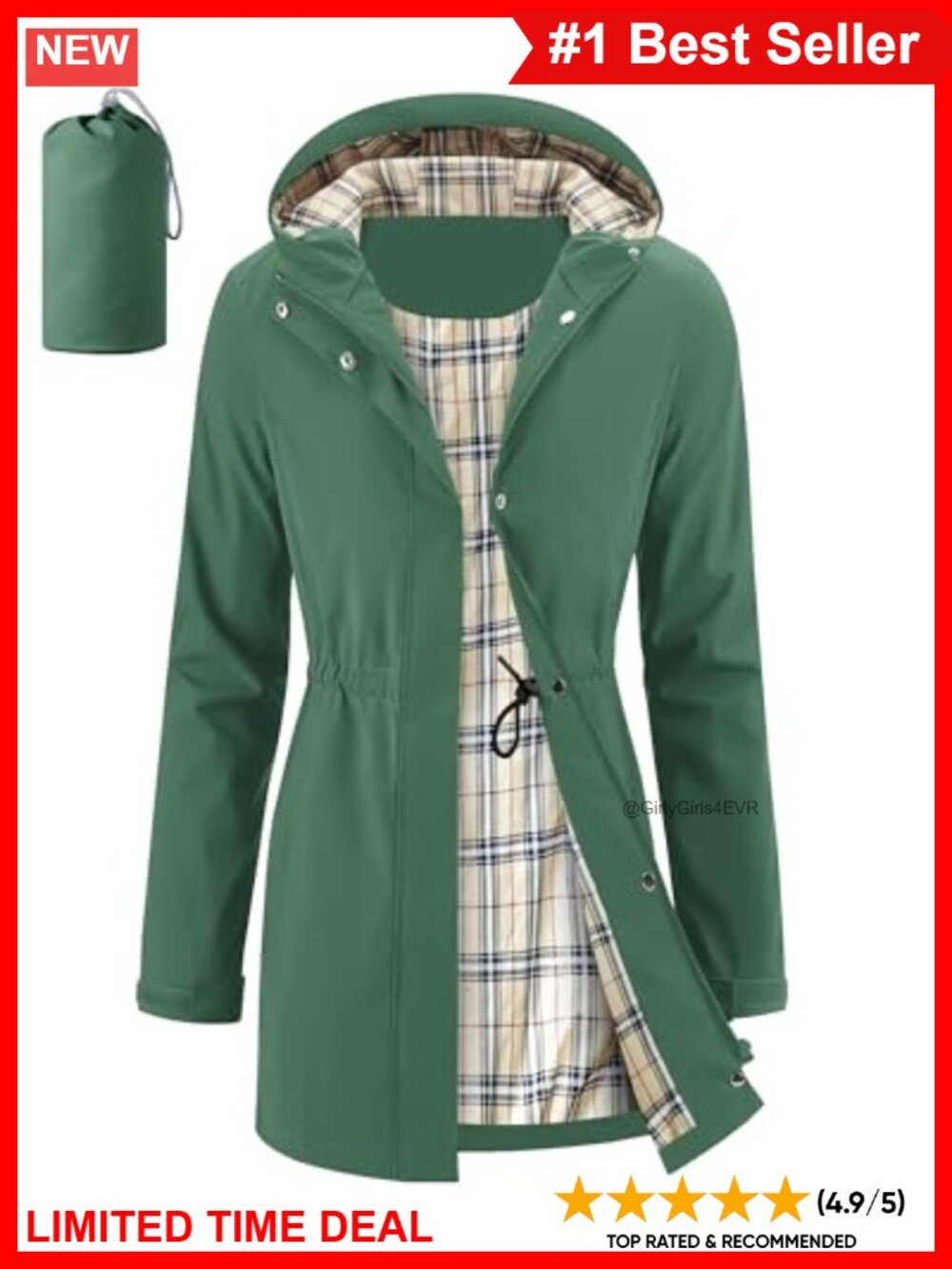 iCreek Women's Long Rain Jacket Waterproof Packable Hooded Windbreaker